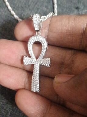 Sterling Silver Ankh Pendant Necklace - Clear Crystal Accents